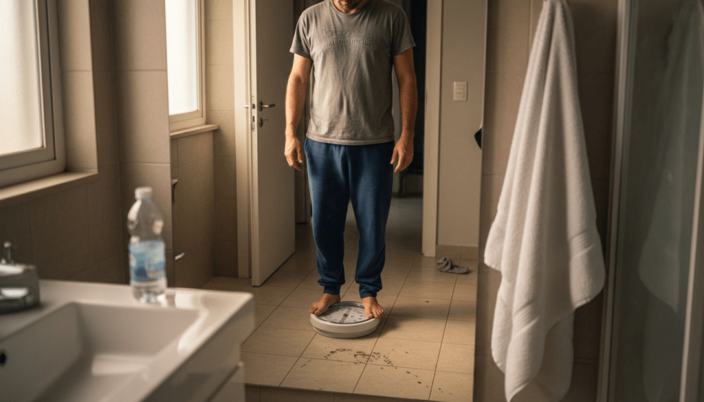 Hombre revisando su peso en el baño de su casa
