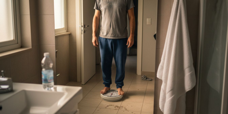 Hombre revisando su peso en el baño de su casa