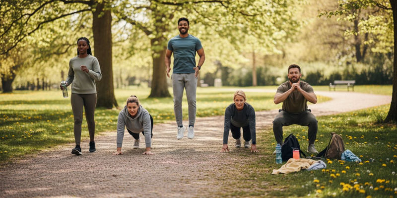 Un grupo de personas haciendo ejercicio al aire libre en un parque