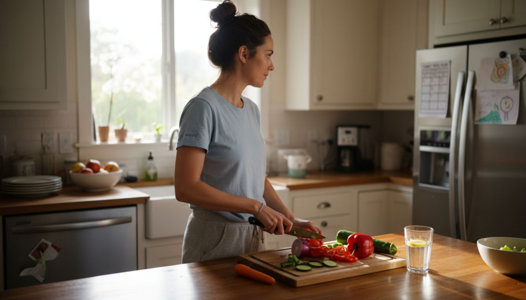 Woman meal prepping healthy food at kitchen island