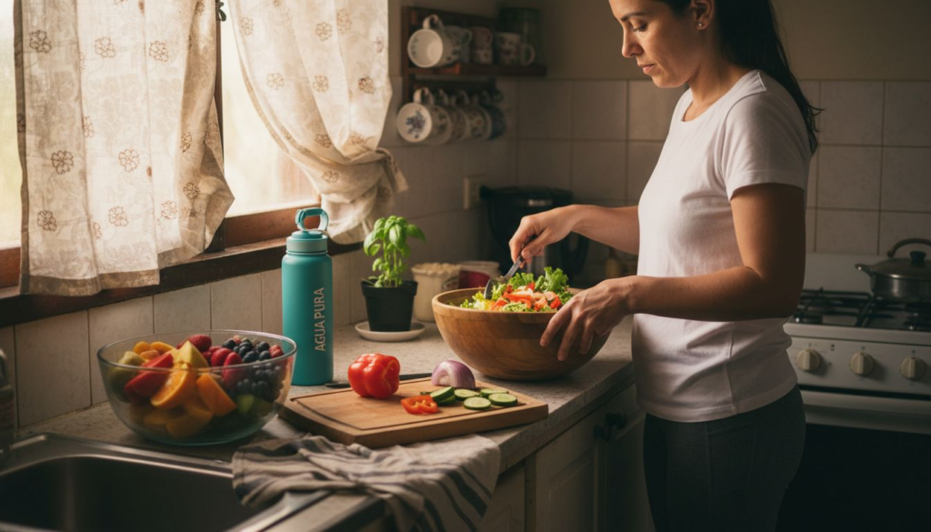 Una mujer prepara una ensalada saludable en la cocina de su casa.