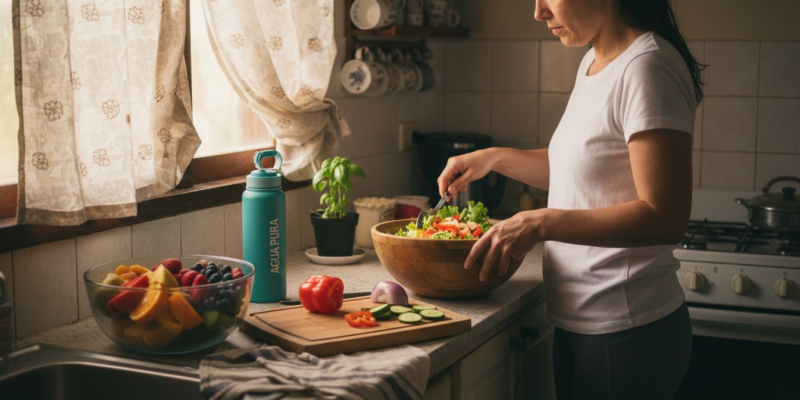 Una mujer prepara una ensalada saludable en la cocina de su casa.