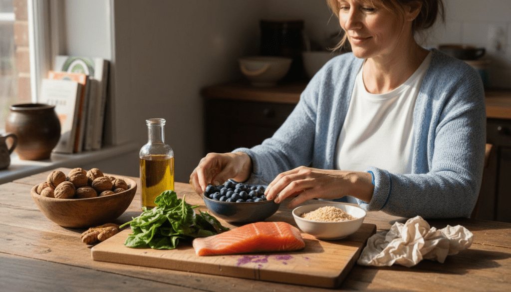 Variety of anti-inflammatory foods on kitchen table