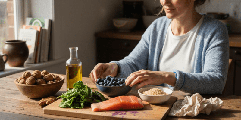 Variety of anti-inflammatory foods on kitchen table