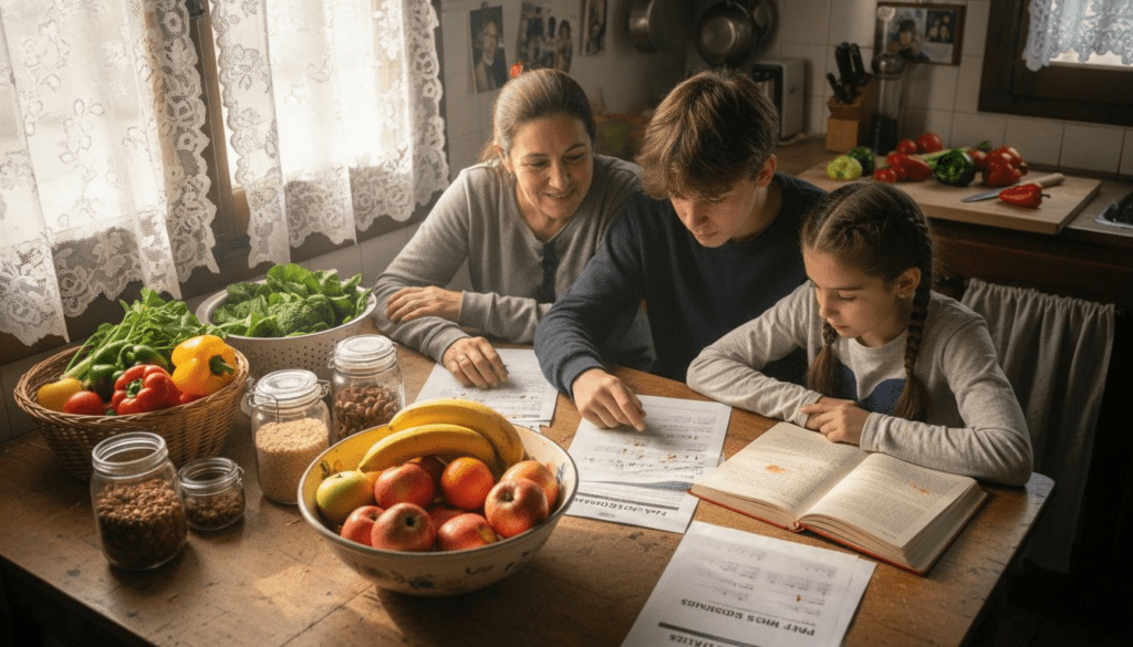 Una familia organizando juntos el menú saludable de la semana en la cocina