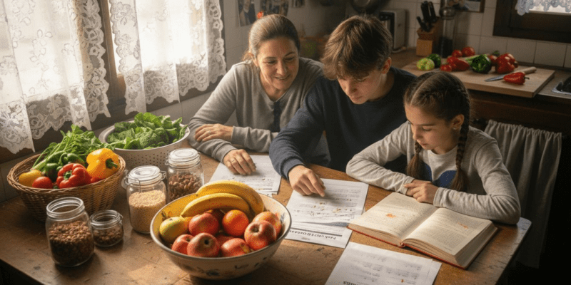 Una familia organizando juntos el menú saludable de la semana en la cocina