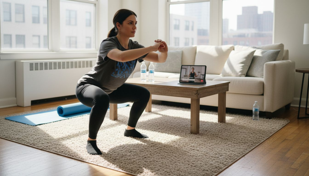 Woman doing home workout in sunny living room