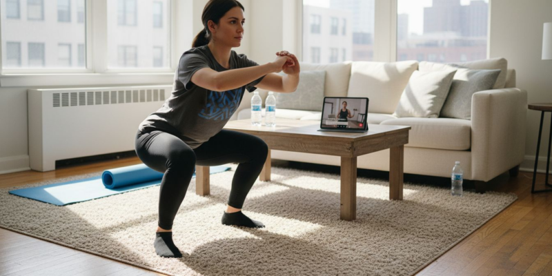 Woman doing home workout in sunny living room