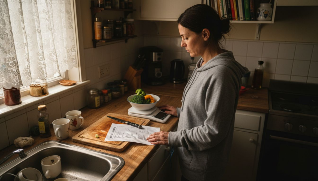 Woman reading diet plan in kitchen setting