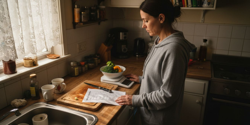 Woman reading diet plan in kitchen setting