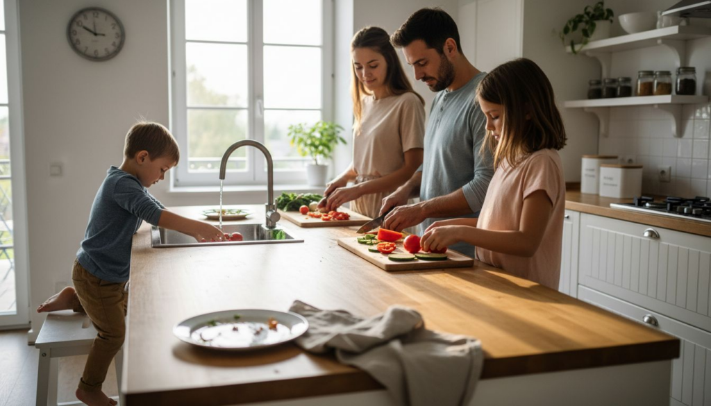 En casa, la familia se reúne para preparar platos saludables juntos.