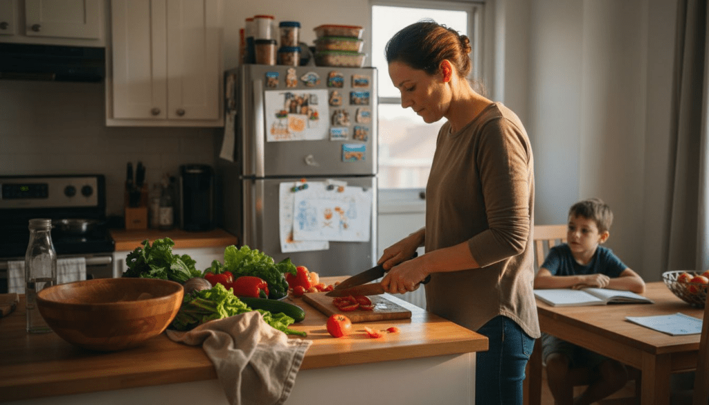 Preparando una ensalada casera en familia