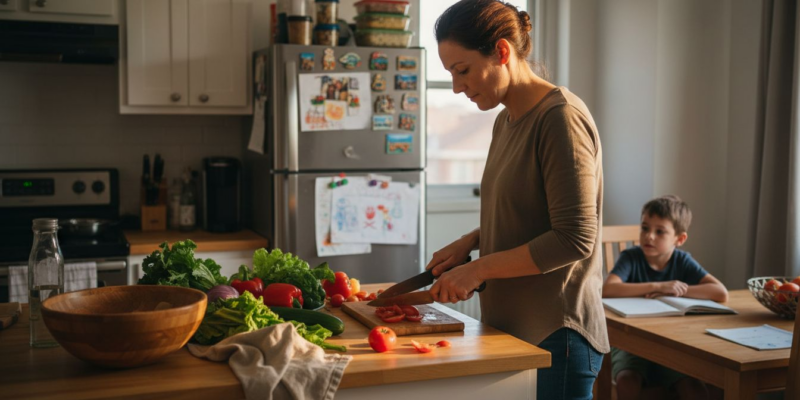 Preparando una ensalada casera en familia