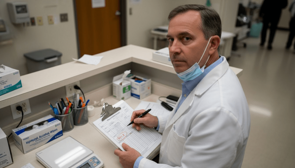 Doctor recording BMI chart in clinic exam room