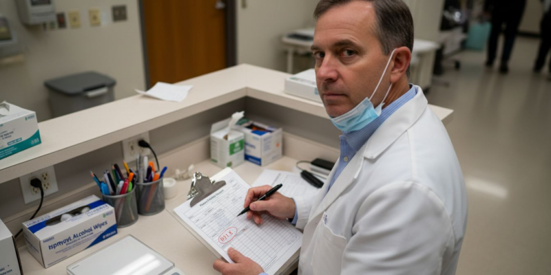 Doctor recording BMI chart in clinic exam room