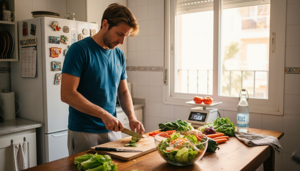 Hombre preparando una ensalada saludable como parte de su plan para bajar de peso.