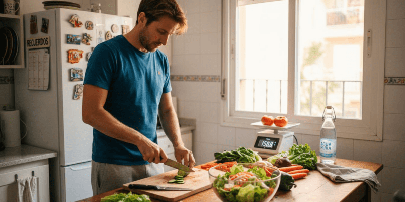 Hombre preparando una ensalada saludable como parte de su plan para bajar de peso.