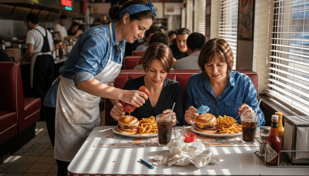 Couple faced with large diner meal portions