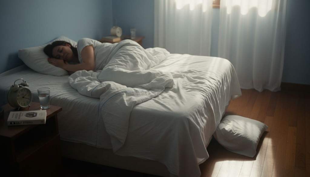 Mujer descansando plácidamente en una habitación iluminada por la luz del sol.