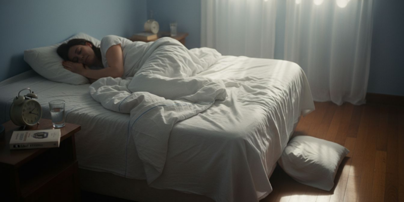 Mujer descansando plácidamente en una habitación iluminada por la luz del sol.