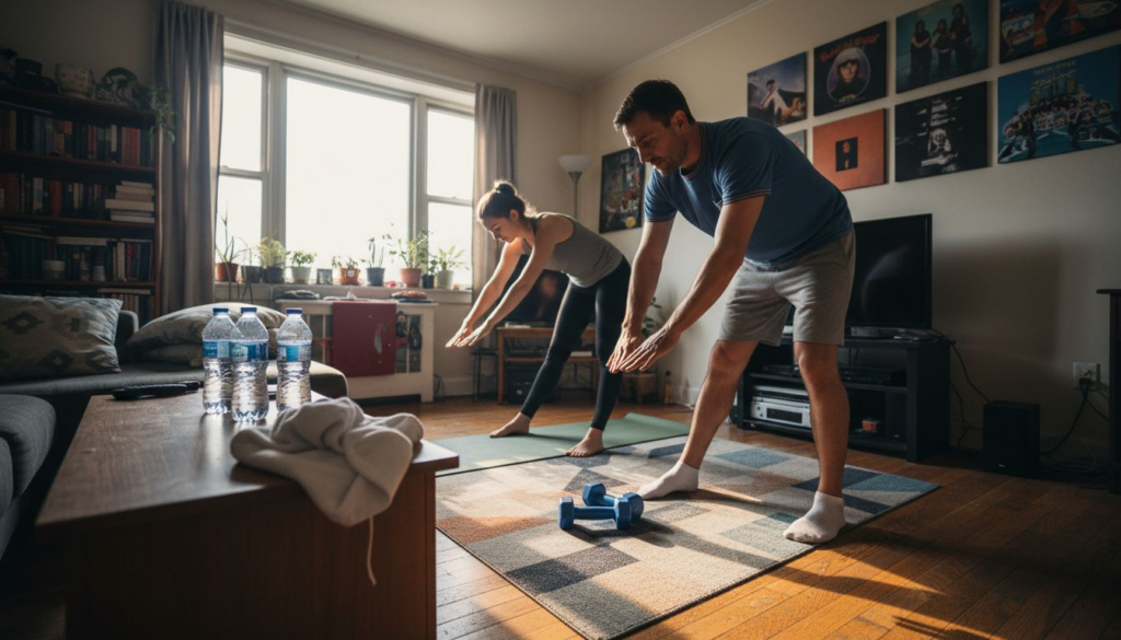 Man and woman preparing for home workout