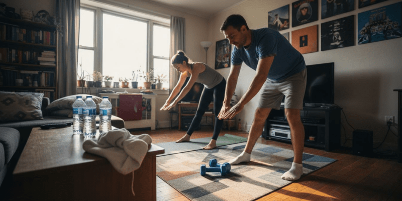 Man and woman preparing for home workout