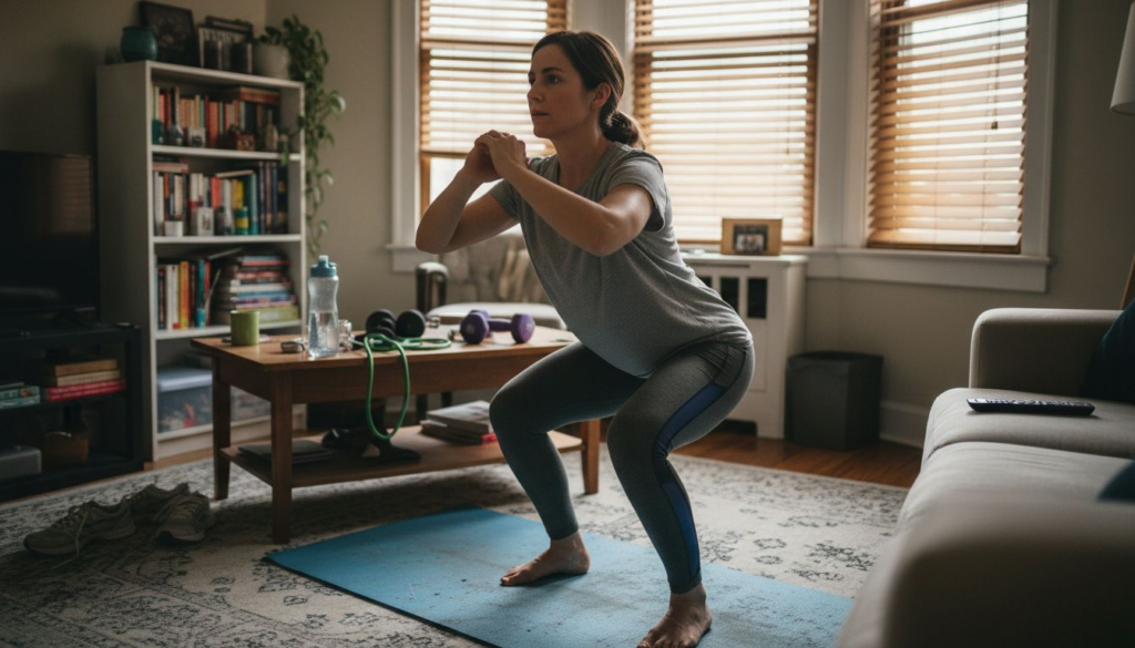 Woman doing home workout in cluttered living room