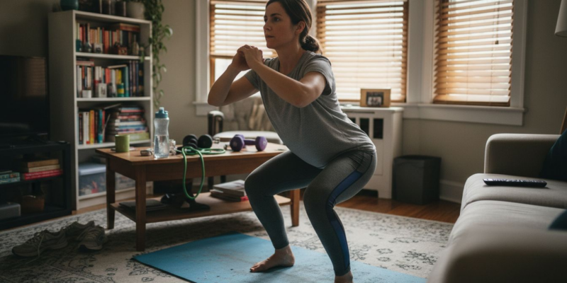 Woman doing home workout in cluttered living room