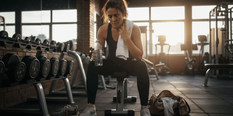 Mujer recuperándose tras hacer ejercicio, hidratándose con agua