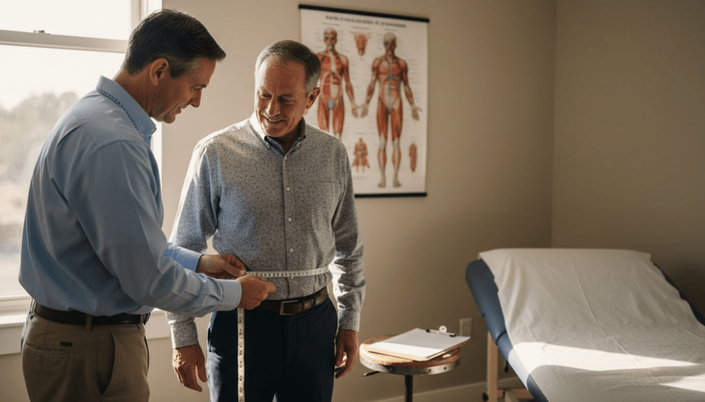 Doctor measuring patient waist in clinic