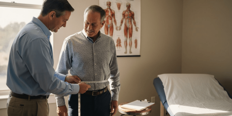 Doctor measuring patient waist in clinic