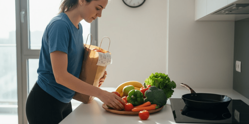 Una mujer acomoda cuidadosamente frutas y verduras en la cocina, ordenándolas sobre la mesa y en las estanterías.