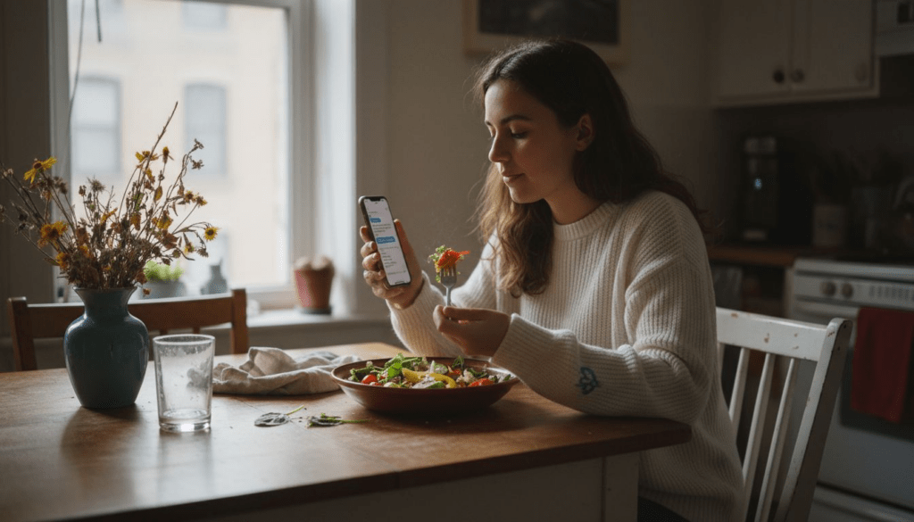 Woman eating salad reflecting on mood