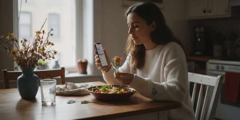 Woman eating salad reflecting on mood