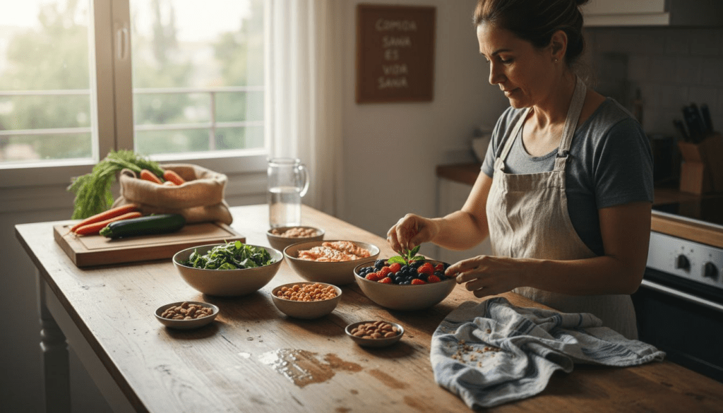 Una mujer prepara distintos platos saludables para llevar una alimentación equilibrada.