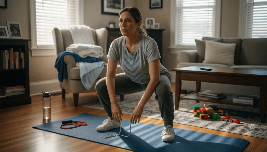 Woman doing squat in cozy living room