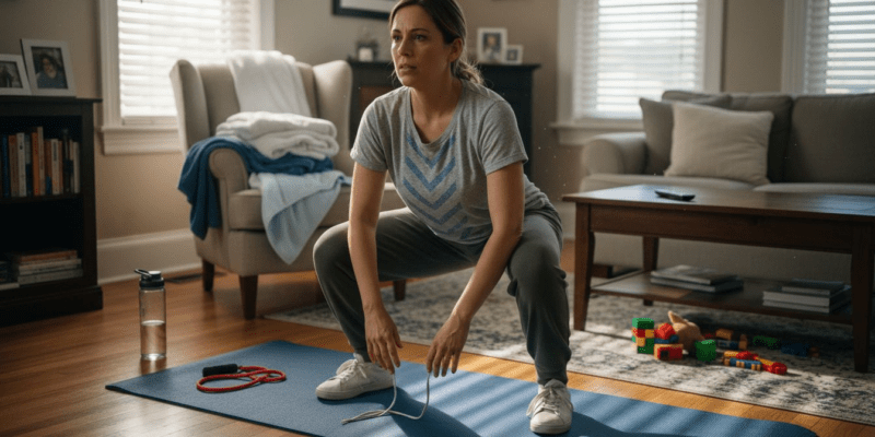 Woman doing squat in cozy living room