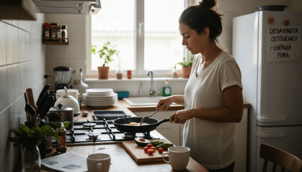 Una mujer prepara un desayuno bajo en carbohidratos en la comodidad de su cocina.
