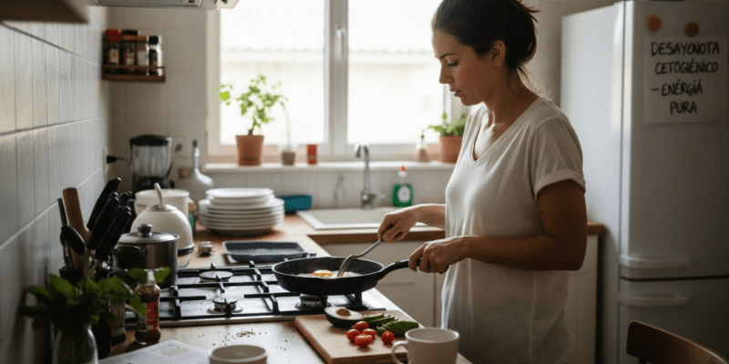 Una mujer prepara un desayuno bajo en carbohidratos en la comodidad de su cocina.