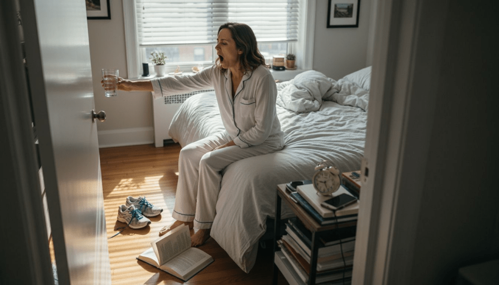 Woman waking up in sunlit messy bedroom