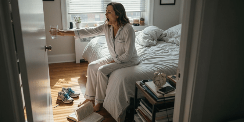 Woman waking up in sunlit messy bedroom
