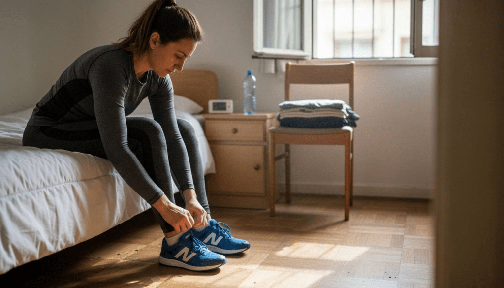 Mujer alistándose para empezar su rutina de ejercicio en la mañana