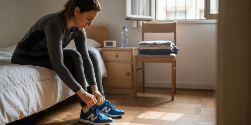 Mujer alistándose para empezar su rutina de ejercicio en la mañana