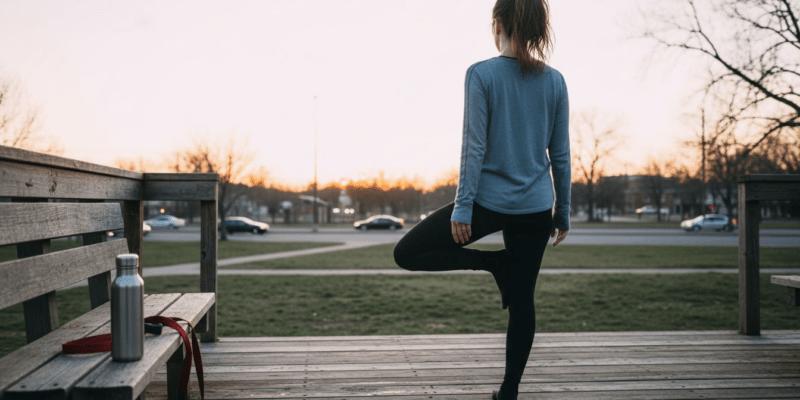 Woman practicing yoga at sunrise outdoors