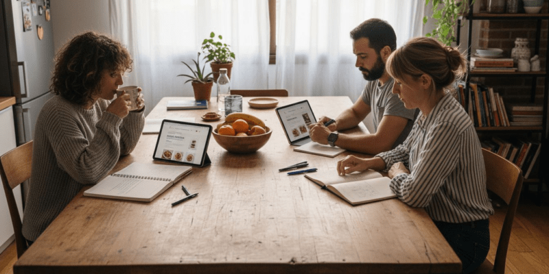 Un grupo de personas conversa sobre plataformas de salud mientras comparten alrededor de la mesa de la cocina.