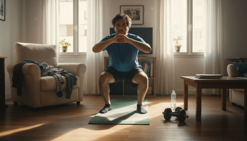 Un hombre haciendo sentadillas en su piso mientras se nota el ambiente cotidiano del lugar.