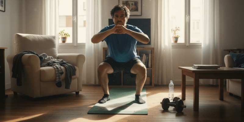Un hombre haciendo sentadillas en su piso mientras se nota el ambiente cotidiano del lugar.