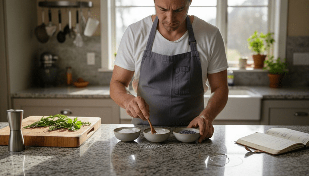 Cook comparing pink salt alternatives in home kitchen