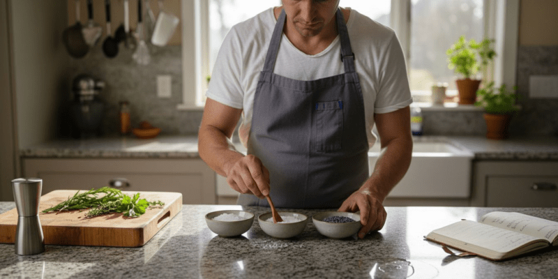 Cook comparing pink salt alternatives in home kitchen
