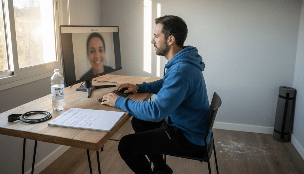 Entrenador personal online realizando videollamadas desde su propio estudio en casa.